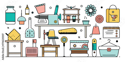 Diverse collection of household items and appliances arranged creatively in a whimsical style