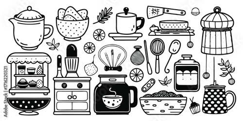 Hand drawn kitchen essentials collection food preparation utensils cooking appliances decorative accents and tableware