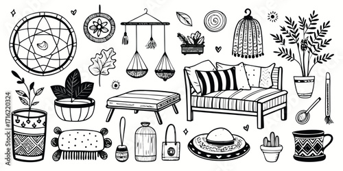 Bohemian home decor collection featuring plants furniture and dreamcatcher sketch style
