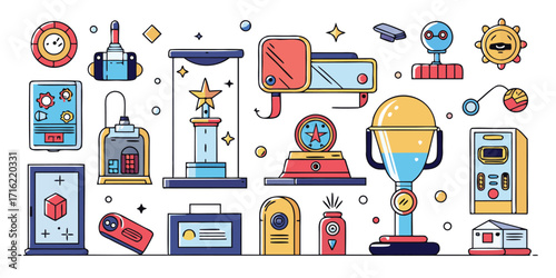 A vibrant collection of stylized objects including trophies displays and scientific elements