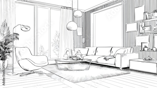 Modern Stylish Living Room Interior Vector Illustration