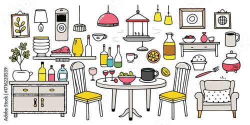 Charming hand-drawn scene of a dining room set with furniture and tableware