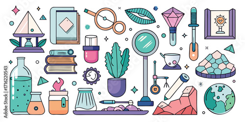 Whimsical collection of objects featuring a sailboat books cactus and mysterious items