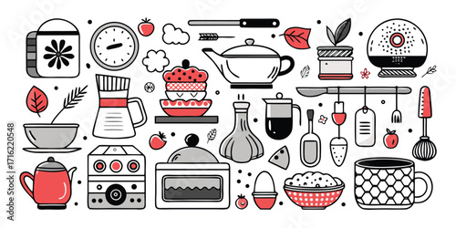 Hand-drawn kitchenware and cooking tools delightful assortment for culinary enthusiasts