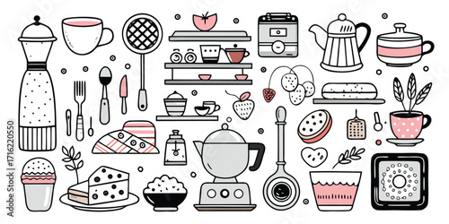 Charming kitchen appliances and desserts hand drawn sketch art collection