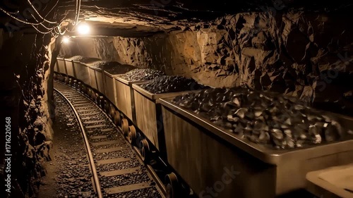 Coal Mine Transportation Carts in Dark Tunnel Lit By Overhead Light Source