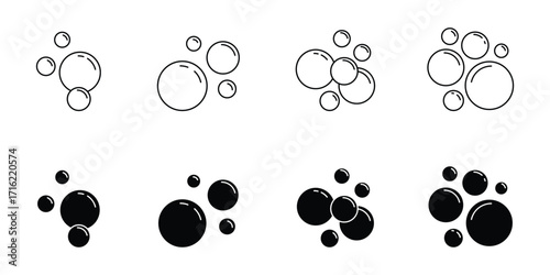 Bubble icon set. Soap foam, fizzy drink, oxygen bubbles .  bubble vector icon in black white fill and line style. Bubble, Foam, Cleaning icon . eps 10 
 