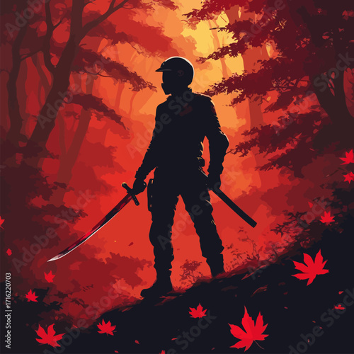 vector silhouette of a biker in a mountain background, carrying a katana