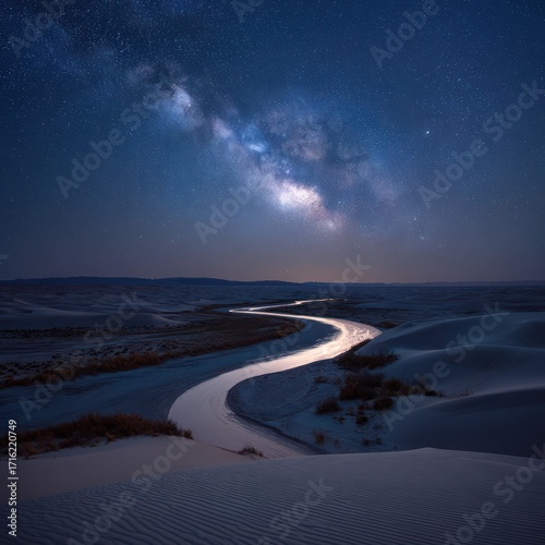 Night desert river milky way