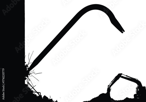 silhouette, crowbar, excavator, demolition, construction, tool, leverage, break, wall, debris, machine, equipment, vector, black, icon, design, hardware, industrial, worksite, project