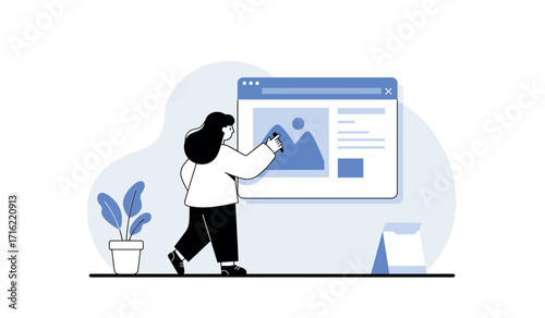 Woman interacting with online content on large digital screen for website design