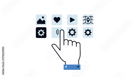 Interactive user interface design with hand touching smart icons for web and mobile applications