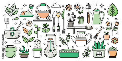 Charming hand-drawn garden tools and potted plants collage for gardening enthusiasts