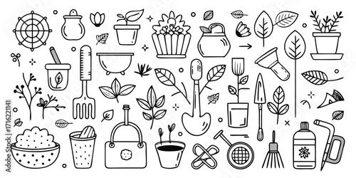 Whimsical hand drawn garden tools and plants collection line art