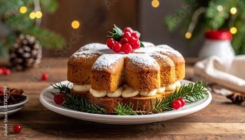 Wallpaper Mural A delicious close-up of a beautiful, layered Christmas cake baked in a festive star or flower shape. The cake layers are sandwiched with a creamy white filling, generously dusted with powdered sugar,  Torontodigital.ca