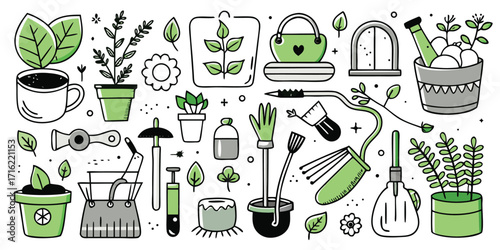 Whimsical hand-drawn gardening tools and plants collection for creative projects