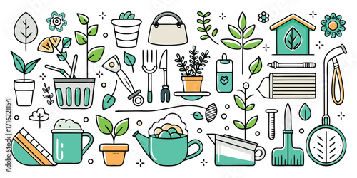 Delightful doodle collection of gardening tools and plants ready for spring planting