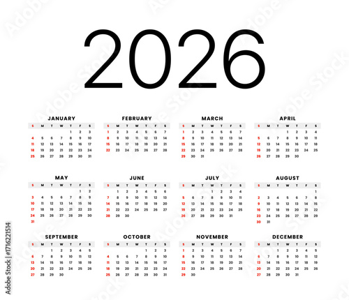 2026 calendar template. Annual planner with months, weekdays, and dates for organizing schedules, planning events, and tracking holidays. Perfect for personal, work, and digital use.