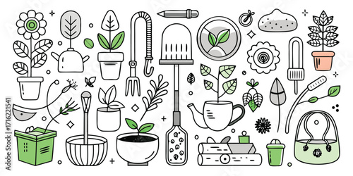 Whimsical garden collection featuring tools plants pots watering cans and more