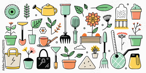 Collection of hand-drawn gardening tools and plants for outdoor enthusiasts
