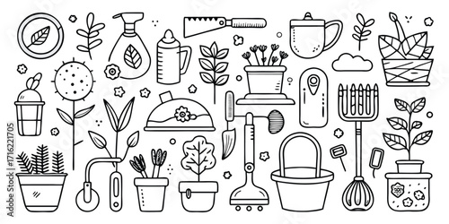 Collection of illustrated gardening tools and plants for cultivation and home garden enthusiasts