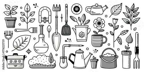 Hand-drawn gardening tools and plants collection for organic gardeners