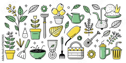 Charming hand-drawn gardening tools and plants collection with vibrant accents for outdoor enthusiasts
