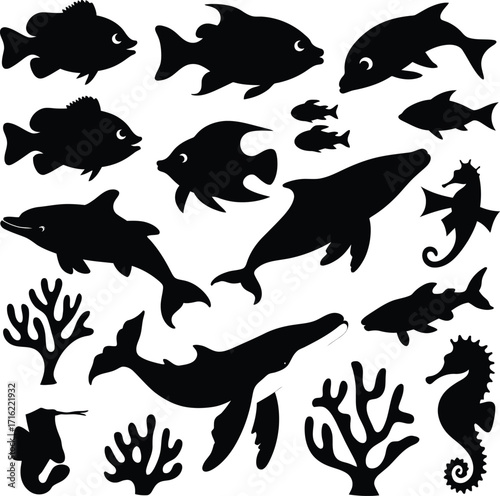 Vector art of silhouette of diverse sea life featuring fish, dolphins, seahorses, whales, and coral, representing a vibrant marine ecosystem