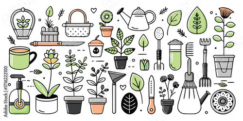 Collection of hand-drawn gardening tools and plants for a lush garden