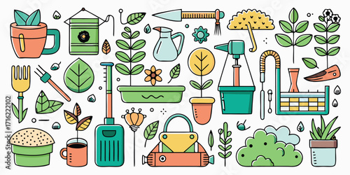 Collection of whimsical gardening tools and plants ready for a blooming season