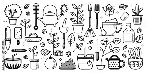Doodle collection of gardening tools plants and supplies for outdoor and indoor gardens