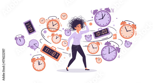 Time management stress: surreal illustration of a woman surrounded by clocks for deadline themes vector illustration