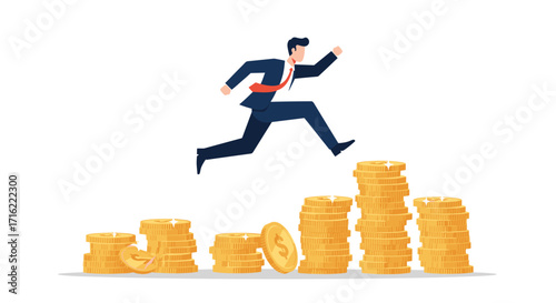 Businessman leaping over stacks of coins illustrating financial growth and success concept vector illustration