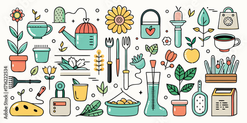 Charming hand-drawn gardening tools and supplies collection with flowers and plants