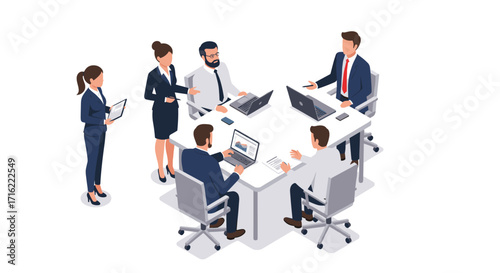 Business meeting teamwork vector illustration in isometric style for office poster design