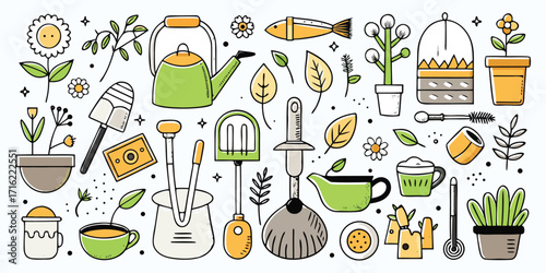 Delightful garden hand-drawn doodle elements featuring tools plants and watering cans