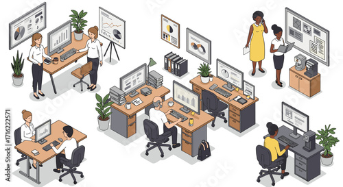 Isometric office work environment vector illustration for design projects