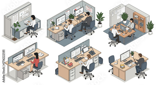 Isometric office workspaces vector illustration: diverse desk setups for design or print
