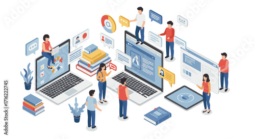 Remote team collaboration concept vector illustration for digital communication and project management in isometric style