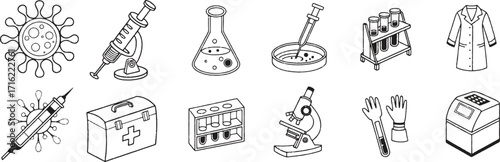 Medical and biology doodle icons set with virus, syringe, vaccine, test tubes, microscope, gloves, and lab coat. Perfect for healthcare, laboratory, and research projects. Great for infographics, 