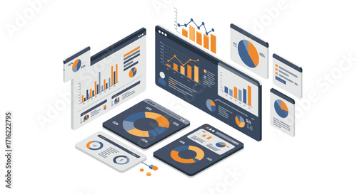 Isometric business analytics vector illustration for data visualization and infographics design