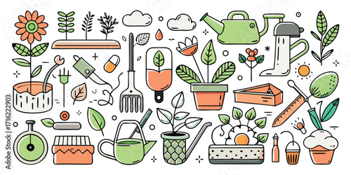 Charming hand drawn garden tools and plants doodle art collection