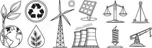 Eco energy doodles featuring recycling, wind turbine, solar panel, nuclear plant, oil pump, scales, and nature icons. Perfect for sustainability, environment, and green energy projects.