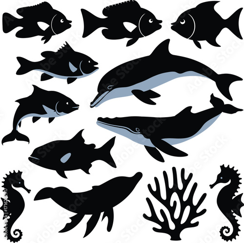Vector art of marine life silhouettes featuring fish, dolphins, whales, orcas, seahorses, and coral in a simple black and white design