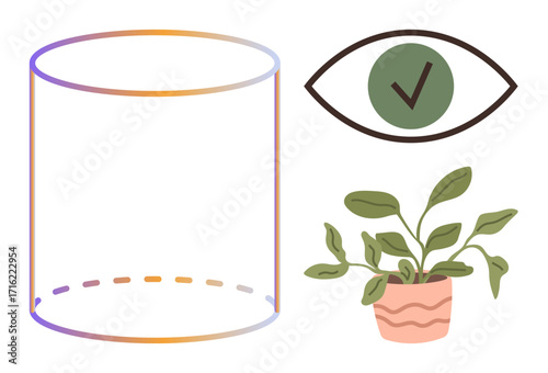 Transparent cylinder with gradient lines, checkmark within green eye, and leafy potted plant. Ideal for sustainability, eco-friendly design, visualization, awareness, environment, growth minimalism