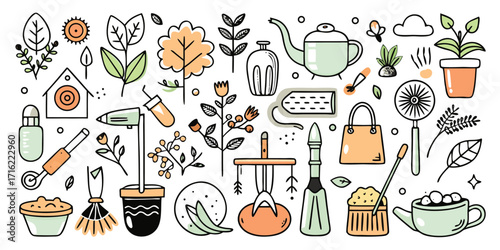 Charming garden supplies and plants hand-drawn sketch collection for creative projects