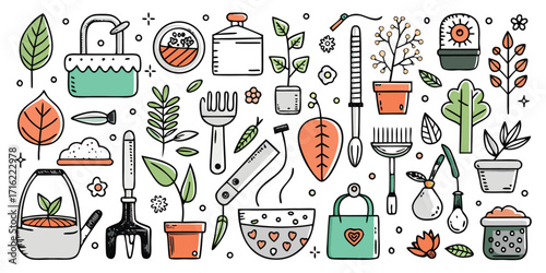 Whimsical gardening tools collection hand drawn botanical plants flowers and pots set