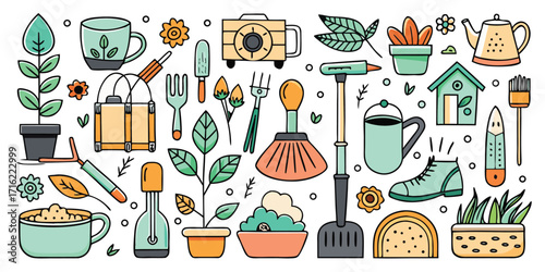 Whimsical gardening tools and plants collection cute hand drawn style