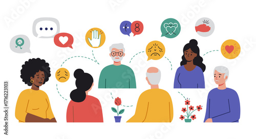 Emotional communication in diverse groups: flat style vector illustration for poster design