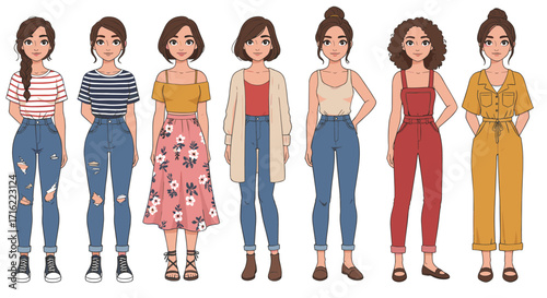 Stylish young women in casual and trendy outfits showcasing various fashion styles